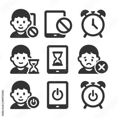 Digital device time management icons featuring child with tablet and clock.