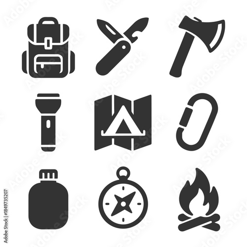 Outdoor adventure icons: backpack, knife, axe, flashlight, map, carabiner, canteen, compass, campfire.