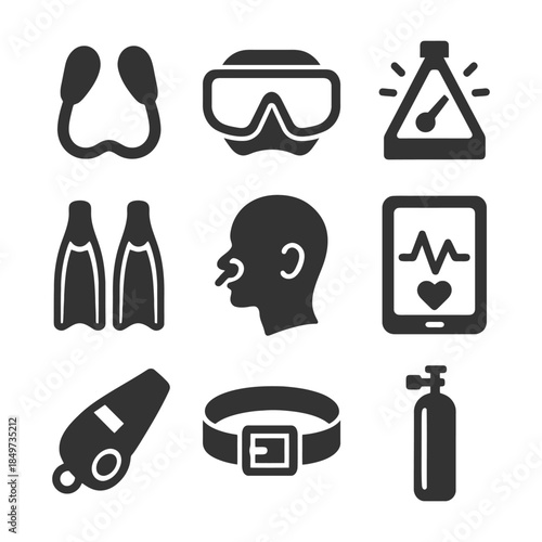 Scuba diving gear icons: snorkel, goggles, fins, metronome, safety equipment.