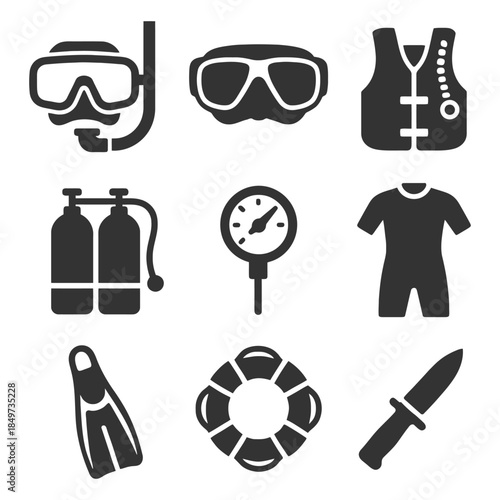 Scuba diving equipment icons: masks, gear, and accessories collection.