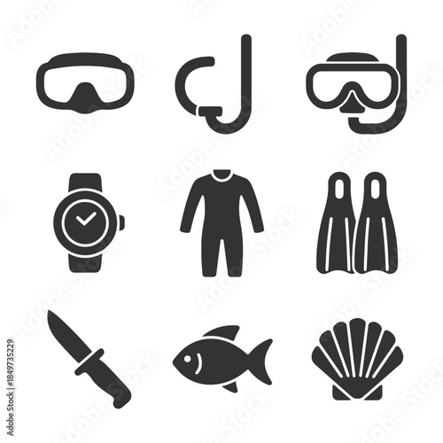 Essential scuba diving gear icons: mask, snorkel, watch, wetsuit, fins, knife, fish, shell.