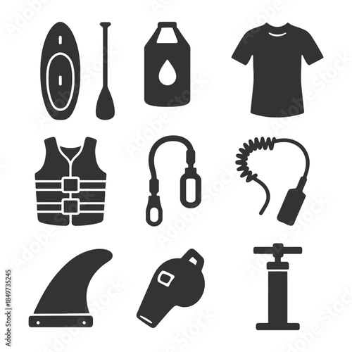 Set of essential paddleboarding gear and accessories silhouettes.