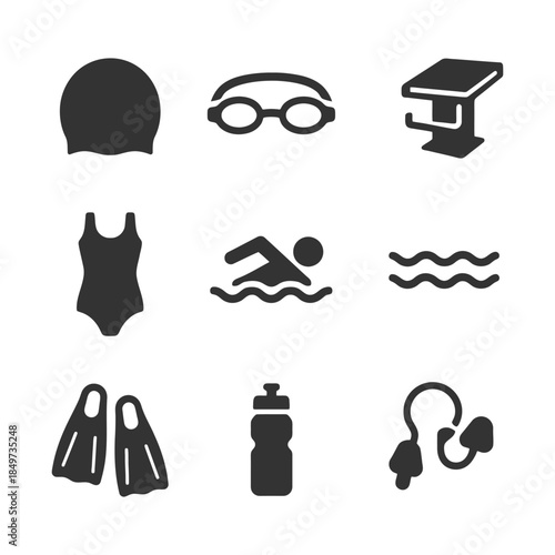 Swimming gear icons: cap, goggles, diving board, swimsuit, flippers, water bottle, earplugs.
