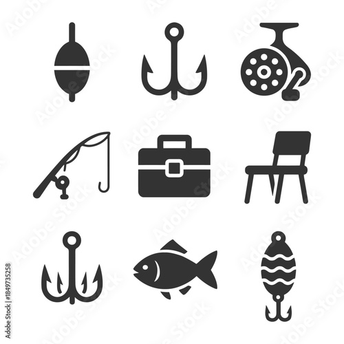 Fishing gear icons: rod, hooks, reel, tackle box, fish, bobber.