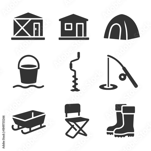 Ice fishing and camping equipment icons set.