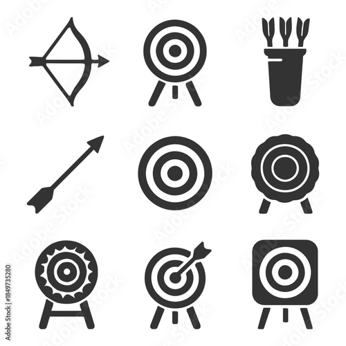 Archery icons collection featuring bows, arrows, and targets in nine unique designs.
