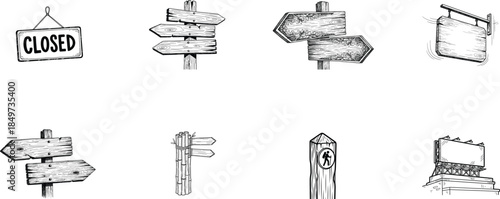 Collection of eight various signpost illustrations