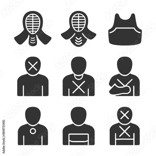 Kendo gear icons and injury signs in black and white style.