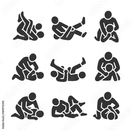 Martial arts grappling techniques icon set illustrating wrestling holds and submissions.