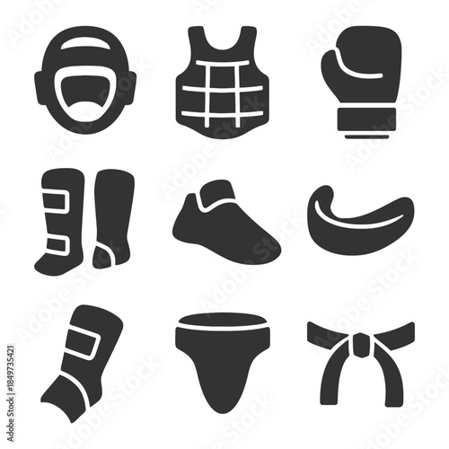 Martial arts gear collection: protective equipment icons for training.