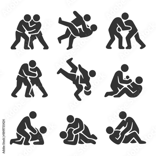 Silhouette martial arts techniques: diverse combat moves and positions.