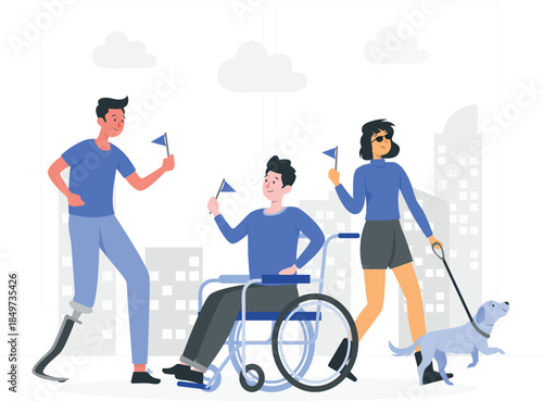 Three people with disabilities waving flags and walking dog in city disability wheelchair des