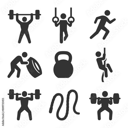 Icons of fitness and exercise: weightlifting, running, climbing, gym equipment.