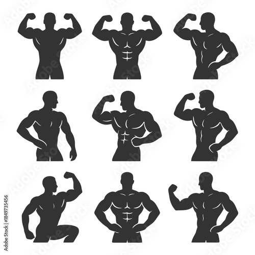 Silhouette of athletic male figures exhibiting muscular poses and strength.