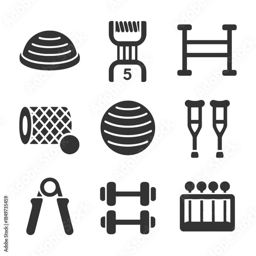 Collection of fitness equipment icons for exercise and rehab.