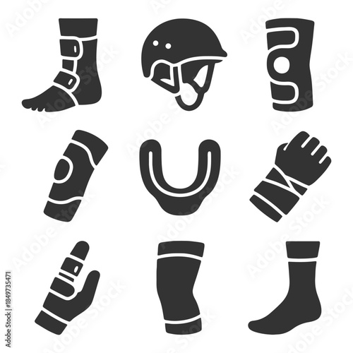 Silhouette collection of sports safety gear and protective equipment.
