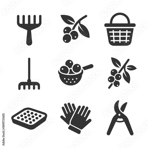 Gardening icon set with rake, basket, berries, pruning shears, gloves, and sieve.