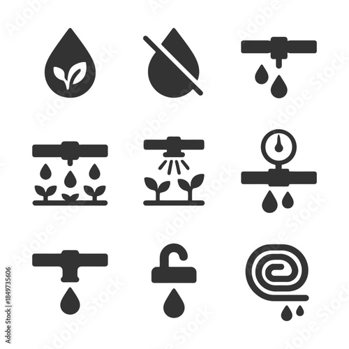 Water conservation icons: drip irrigation and sprinkler systems.