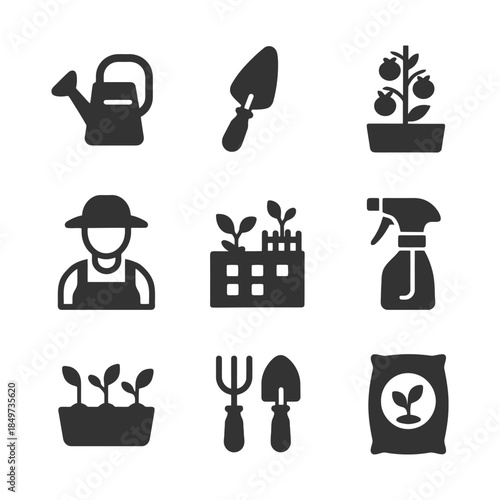 Gardening tools and icons: watering can, trowel, seedlings, and more.