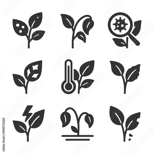 Plant disease icons: leaves, temperature, magnifying glass, lightning.