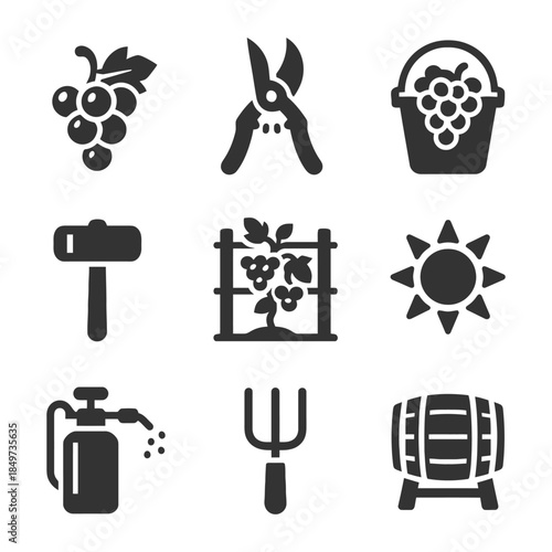 Winemaking icons: grapes, tools, barrel, sun, and vineyard elements.