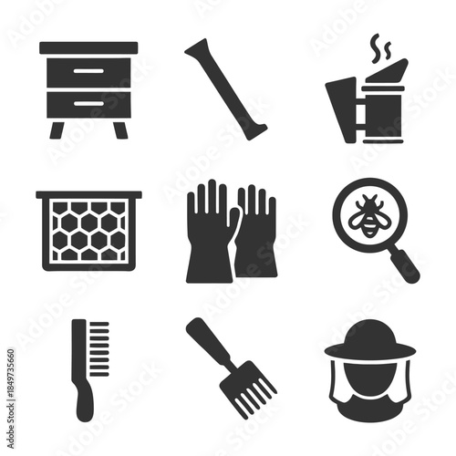Beehive tools and equipment icons set: smoker, hive brush, gloves, magnifying glass, bee suit.