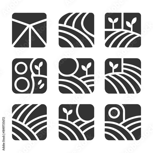 Set of nine agricultural icons featuring plants and fields in black and white design.