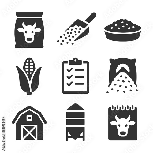 Agriculture icons: animal feed, grain, corn, farm, silo, barn.