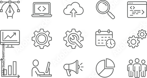 Business analytics and development line icons set, cloud upload coding research marketing planning growth management concept illustration