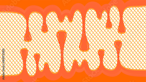 Dripping honey illustration. Honey dripping on waffle pattern background. Dripping ice cream illustration. Dripping syrup illustration.