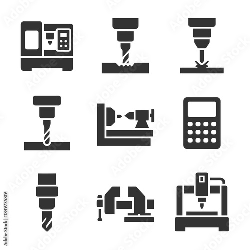 Cnc machine tools and equipment icons in industrial manufacturing.
