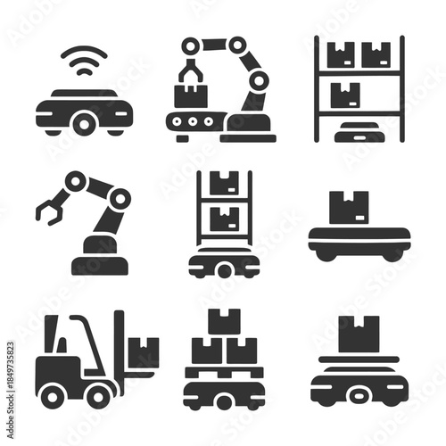 Automated logistics icons set featuring robots, forklifts, and smart vehicles.