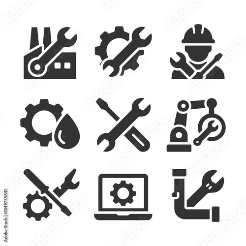 Industrial tools and mechanics icons set in black and white.
