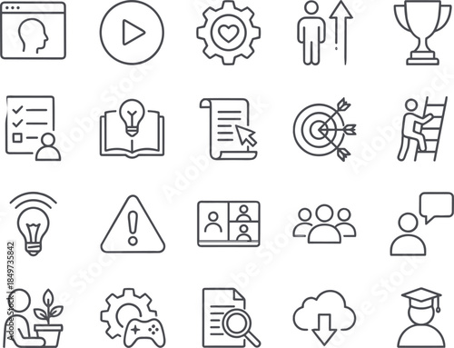 Business education and achievement line icons set featuring goals learning communication productivity strategy management vector outline symbols