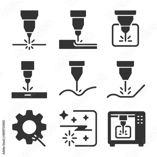 Laser cutting and engraving machine icons set.
