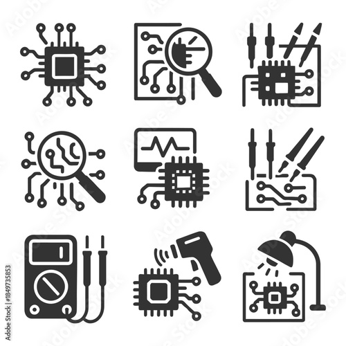 Technology icons: circuit boards, microchips, and electronic tools.
