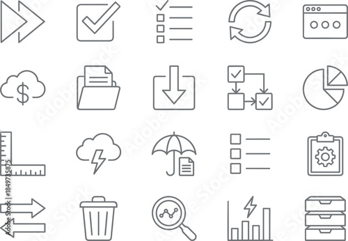 Business process and user interface line icons set featuring analytics workflow cloud data management arrows checklist minimal outline vector design