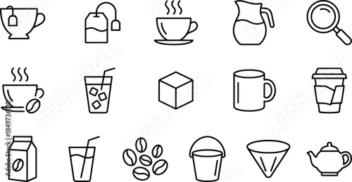 Coffee and tea beverage line icons set featuring cups mugs brewing tools takeaway drinks cafe vector outline symbols