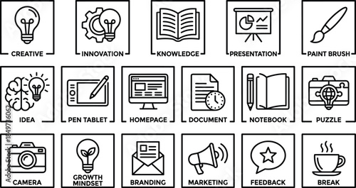 Creative business and education line icons set featuring innovation knowledge branding marketing presentation design tools vector outline symbols