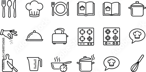 cooking, kitchen, line, icons, set, culinary, food, preparation, utensils, cookware, chef, recipe, restaurant, home, baking, meal, equipment, tools, gastronomy, lifestyle