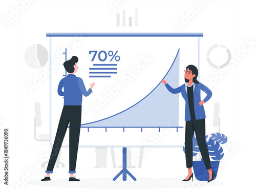 Two business people presenting data on a large screen with a growth chart and 70 percent statistic d