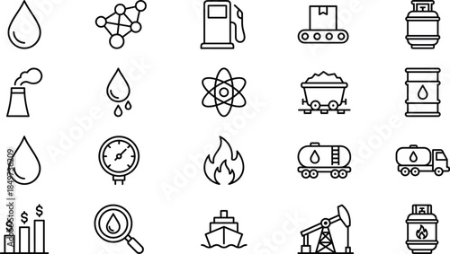 energy, oil, gas, industry, line, icons, set, fuel, power, extraction, production, refinery, resources, technology, electricity, mining, transportation, petroleum, economy, infrastructure