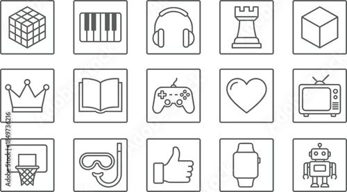 Entertainment hobby and lifestyle line icons set featuring music gaming sports media technology leisure vector outline symbols collection