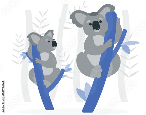 Two gray koalas climbing blue tree trunks with leaves desi
