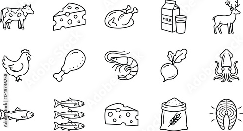 food, agriculture, farming, line, icons, set, meat, dairy, seafood, vegetables, protein, nutrition, grocery, organic, fresh, ingredients, livestock, harvest, cuisine, market
