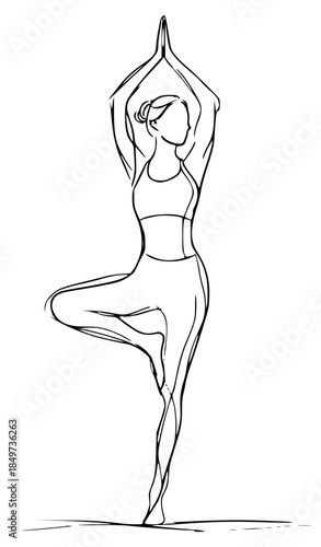 Woman in tree pose yoga line drawing