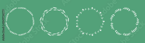 White round frames with botanical images of flowers and herbs on green background. Wildflowers form round wreaths. Empty silhouettes of herbs in circle shapes for design, vector graphics