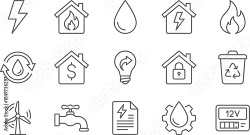 Home utility energy and water line icons set featuring electricity renewable power safety recycling efficiency symbols for modern web design