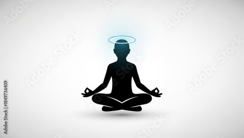 A serene silhouette of a person meditating in lotus position with a glowing halo above their head on a white background