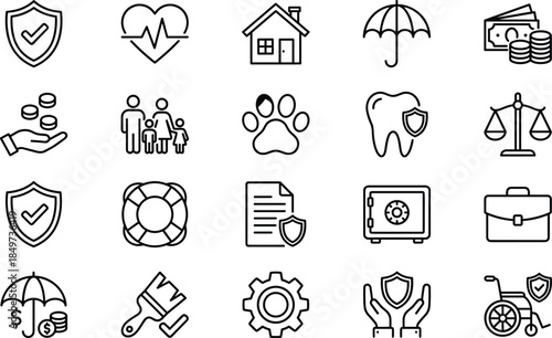Insurance icons set, health home life travel finance protection symbols, outline vector illustration for web mobile app design ui